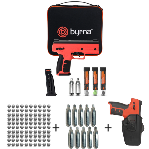 Nakestores SD Bundle Orange | Includes Byrna SD Universal Kit + 100 Count Kinetic Projectiles + 10-count 8grams CO2 + SD Level 2 Holster