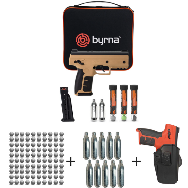 Nakestores SD Bundle Tan | Includes Byrna SD Universal Kit + 100 Count Kinetic Projectiles + 10-count 8grams CO2 + SD Level 2 Holster