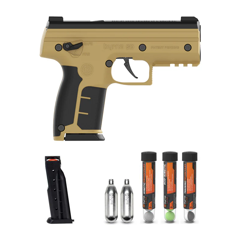 Nakestores SD Bundle Tan | Includes Byrna SD Universal Kit + 100 Count Kinetic Projectiles + 10-count 8grams CO2 + SD Level 2 Holster - NAKESTORES