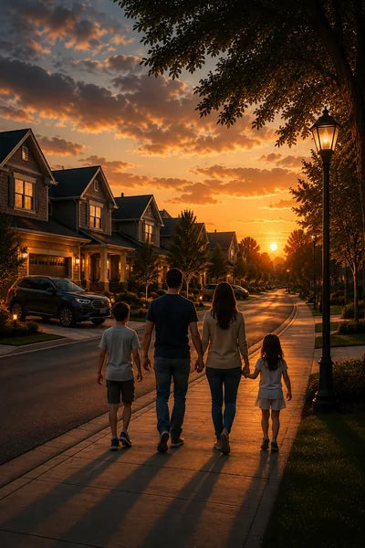 Family walking home at sunset in a safe neighborhood with Byrna non-lethal self-defense for everyday peace of mind.
