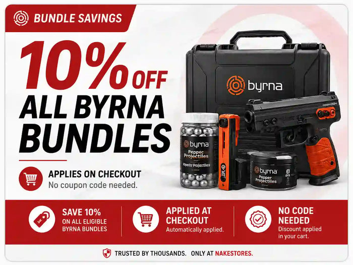 10% off Byrna bundles featuring a Byrna launcher, carrying case, pepper projectiles, and accessories with automatic discount applied at checkout