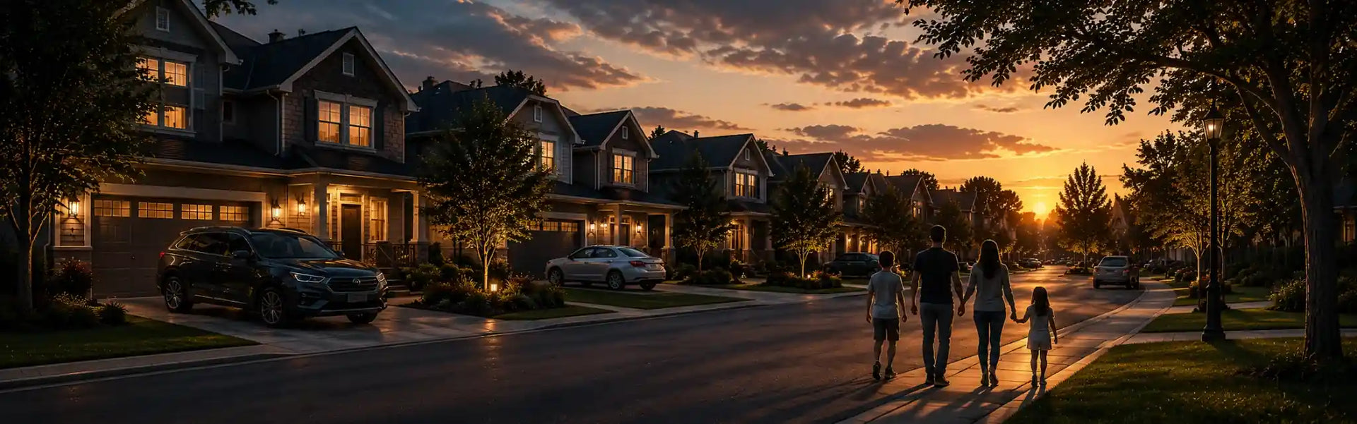 Family walking in a peaceful neighborhood at sunset with Byrna non-lethal self-defense solutions for home and personal protection.