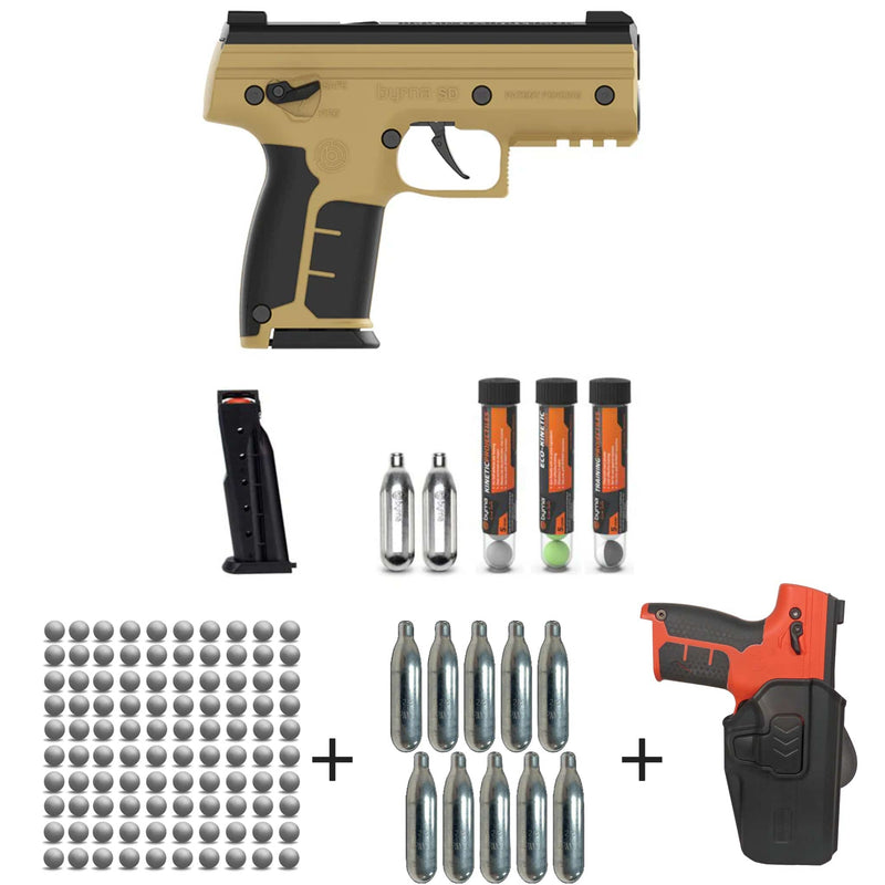 Nakestores SD Bundle Tan | Includes Byrna SD Universal Kit + 100 Count Kinetic Projectiles + 10-count 8grams CO2 + SD Level 2 Holster